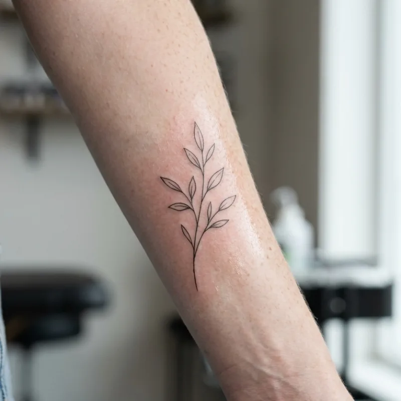 Fine-line botanical sprig tattoo on an inner forearm